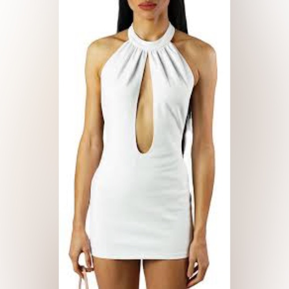 NWOT O’Dolly Dearest Jade White Cutout Halter Mini Dress M Party Club After Prom